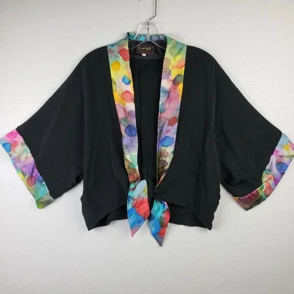 Invisible World Alaska Kimono Jacket 100% Silk Hand Painted Black size M Relaxed - Picture 2 of 14